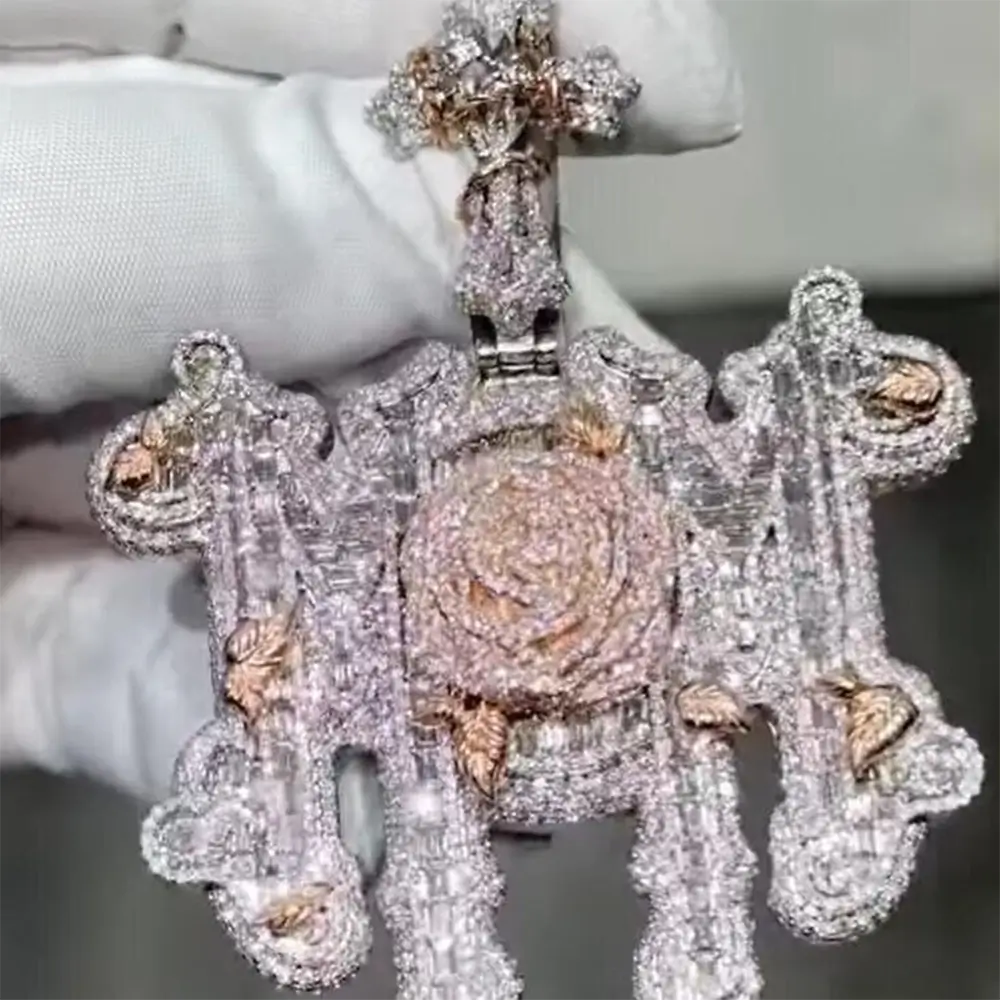 Heavy Custom MOM Pendant - Moissanite Rose and Thorn Cross Link