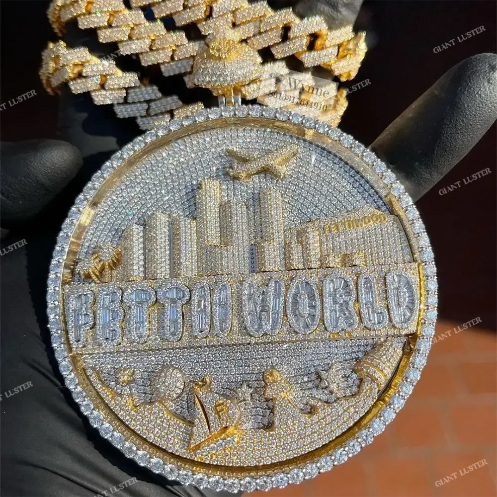 Custom diamond pendant with city skyline, Fetti World text, and gold iced-out chain