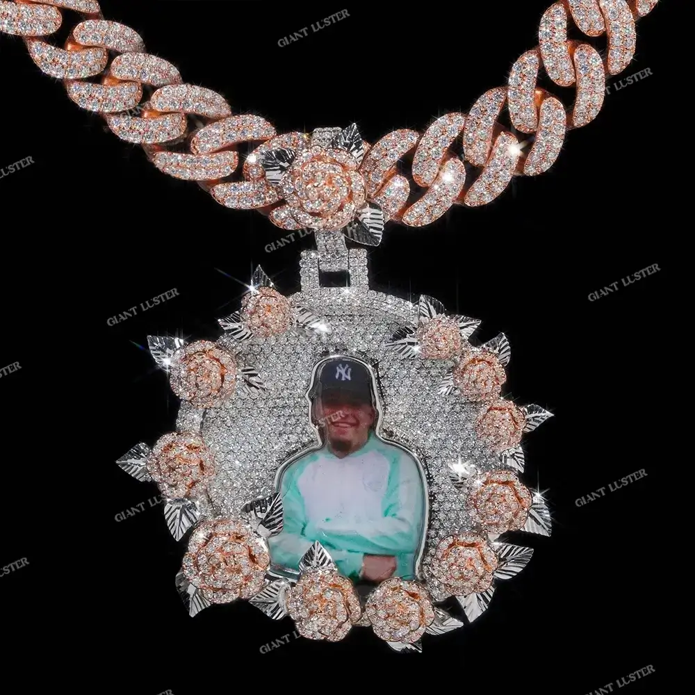 Custom diamond pendant necklace with rose accents and photo centerpiece on thick chain