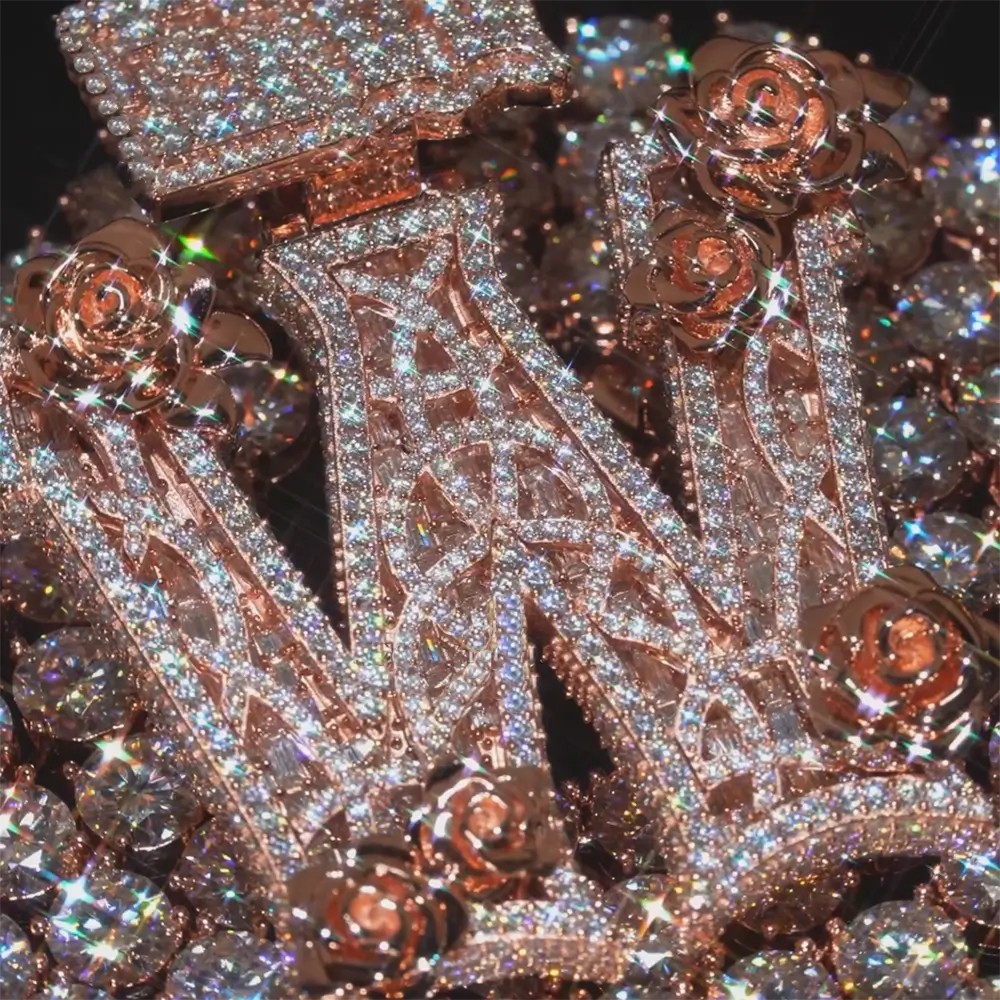 3D Rose Custom Bail Letter W VVS Baguette Moissanite Pendants