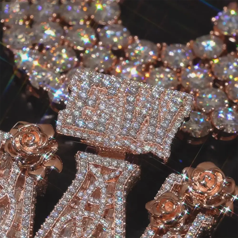 3D Rose Custom Bail Letter W VVS Baguette Moissanite Pendants