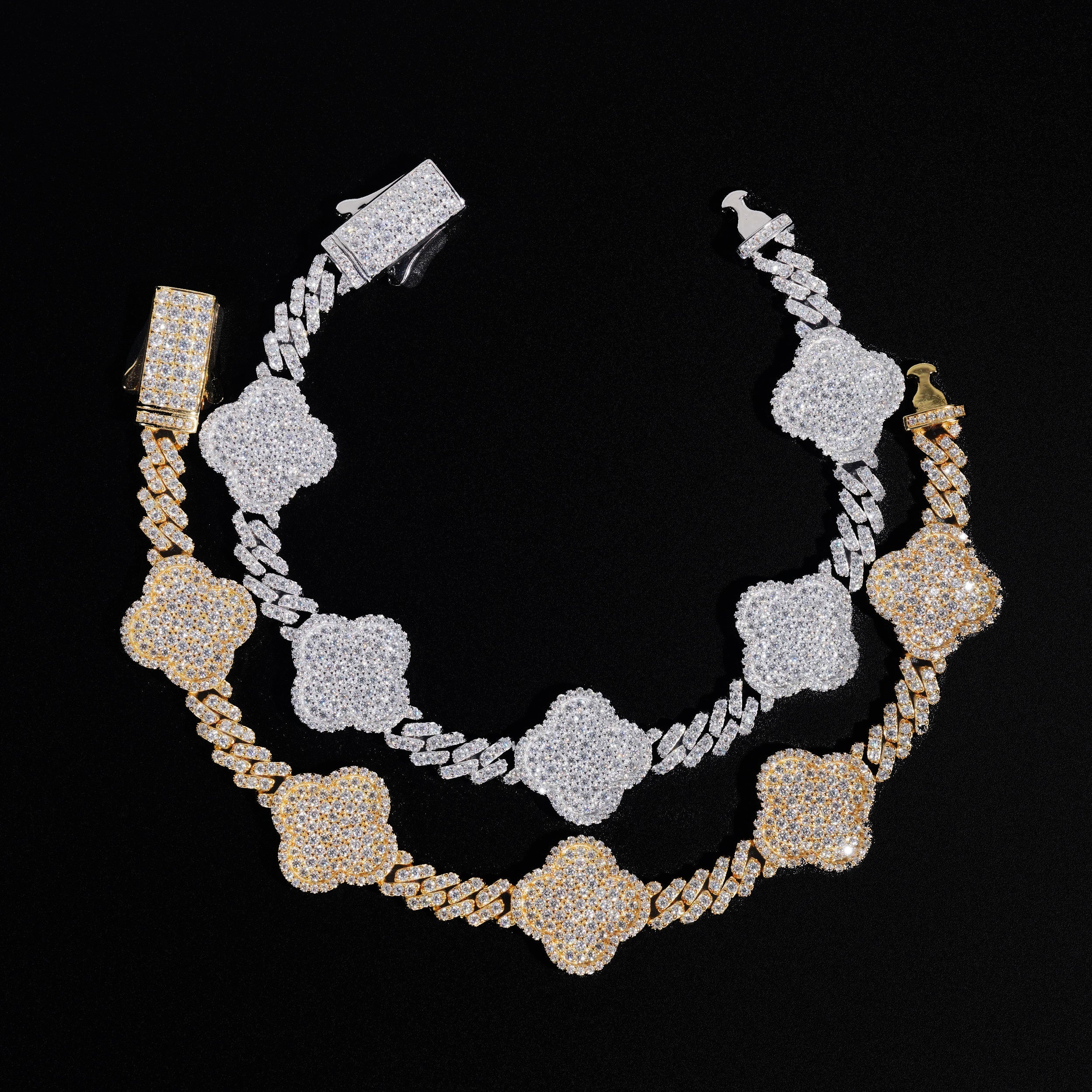 6MM S925 Silver VVS Moissanite Cuban Link Chain with Clover 16K Gold Plated
