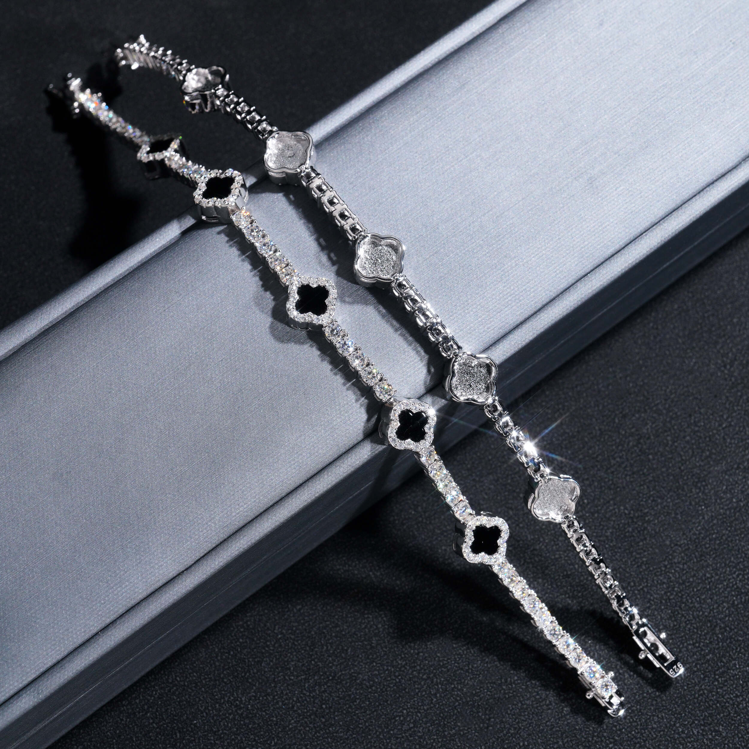 GL Black Onyx Clover 925 Silver Moissanite 3mm 5mm Tennis Chain